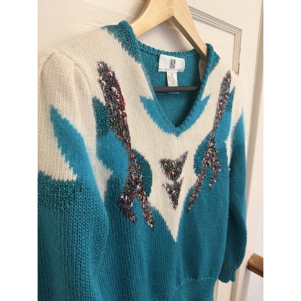 Illustrations Vintage Teal Fuzzy Angora Wool Sweater 80s Glam Knit Flame P XS